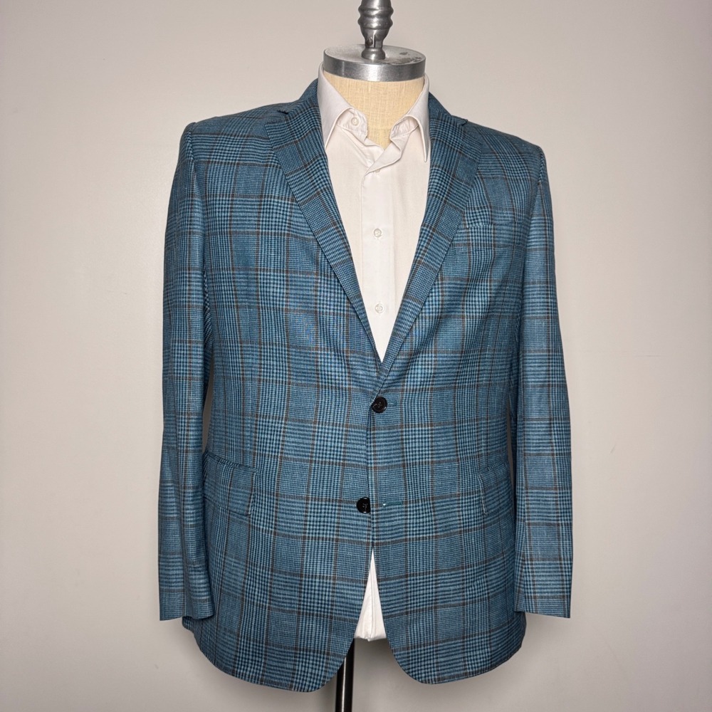 Brooks Brothers Blazer Mens 44R Blue Plaid Loro Piana Silk Linen Sport Coat